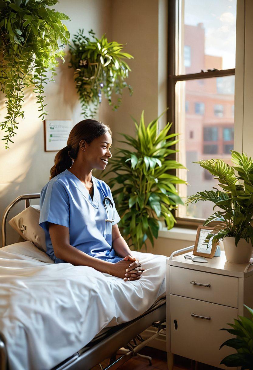 A compassionate caregiver holding a patient's hand in a serene hospital room, surrounded by vibrant plants symbolizing hope. In the background, there's a wall covered with inspiring quotes and stories of survival. Soft sunlight filters through the window, illuminating the scene with warmth and optimism. super-realistic. vibrant colors. 3D.