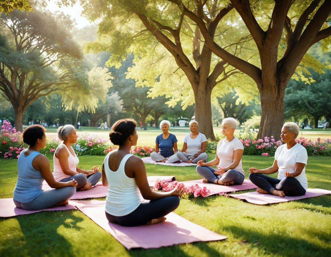 A serene and inspiring scene depicting a diverse group of cancer survivors sharing their stories in a park setting, with vibrant flowers and supportive family members around them. Include visual elements representing therapy, wellness, like yoga mats and healthy food, while capturing the essence of hope and resilience through soft sunlight filtering through the trees. super-realistic. warm colors. uplifting atmosphere.