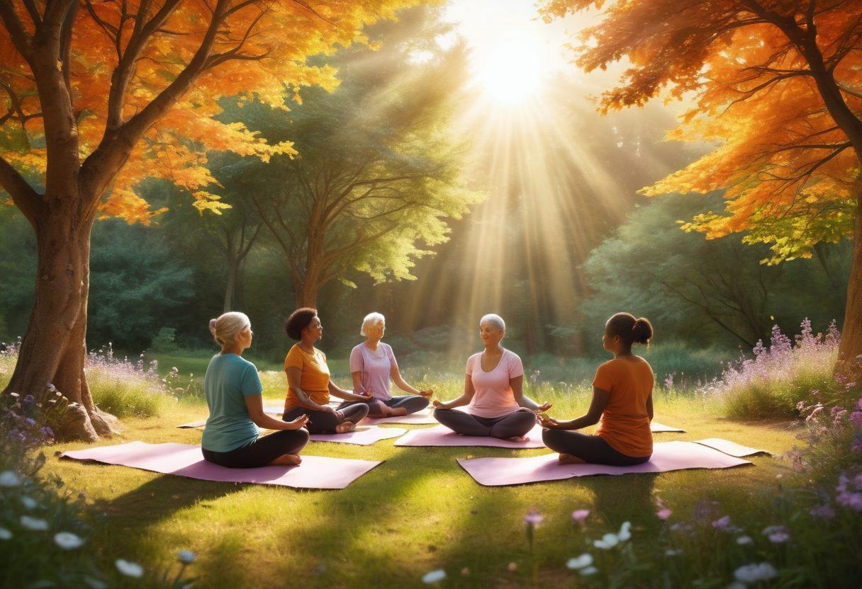 A serene scene depicting a diverse group of cancer patients and survivors engaging in a vibrant support group, surrounded by nature. Illustrate individuals sharing stories, embracing, and practicing wellness strategies like yoga and meditation, with soft sunlight filtering through trees. Incorporate symbols of hope, like colorful butterflies and blooming flowers, to evoke a sense of empowerment and healing. super-realistic. warm colors. peaceful atmosphere.